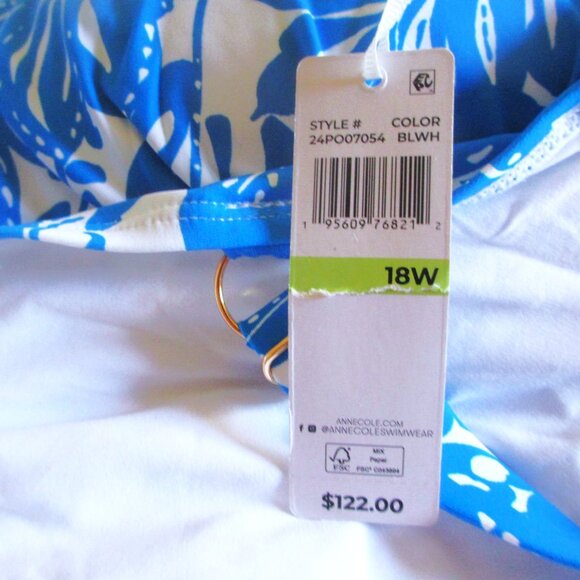 18W Plus Size Anne Cole V-Wire One-Piece Swimsuit Blue White Floral $122 - Picture 9 of 9